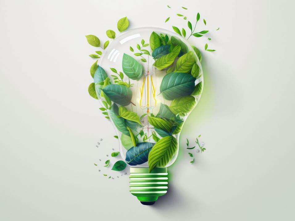 Grüne Pflanze wächst in einer transparenten Glühbirne als Symbol für Nachhaltigkeit und Umweltschutz